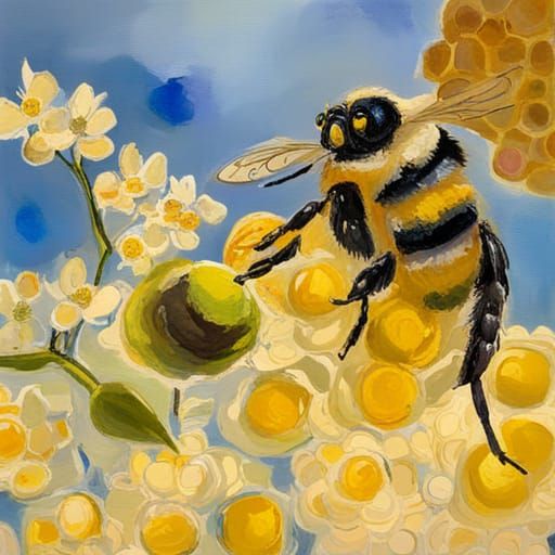 Friendly Bee Offers Honey in Impressionist Gouache