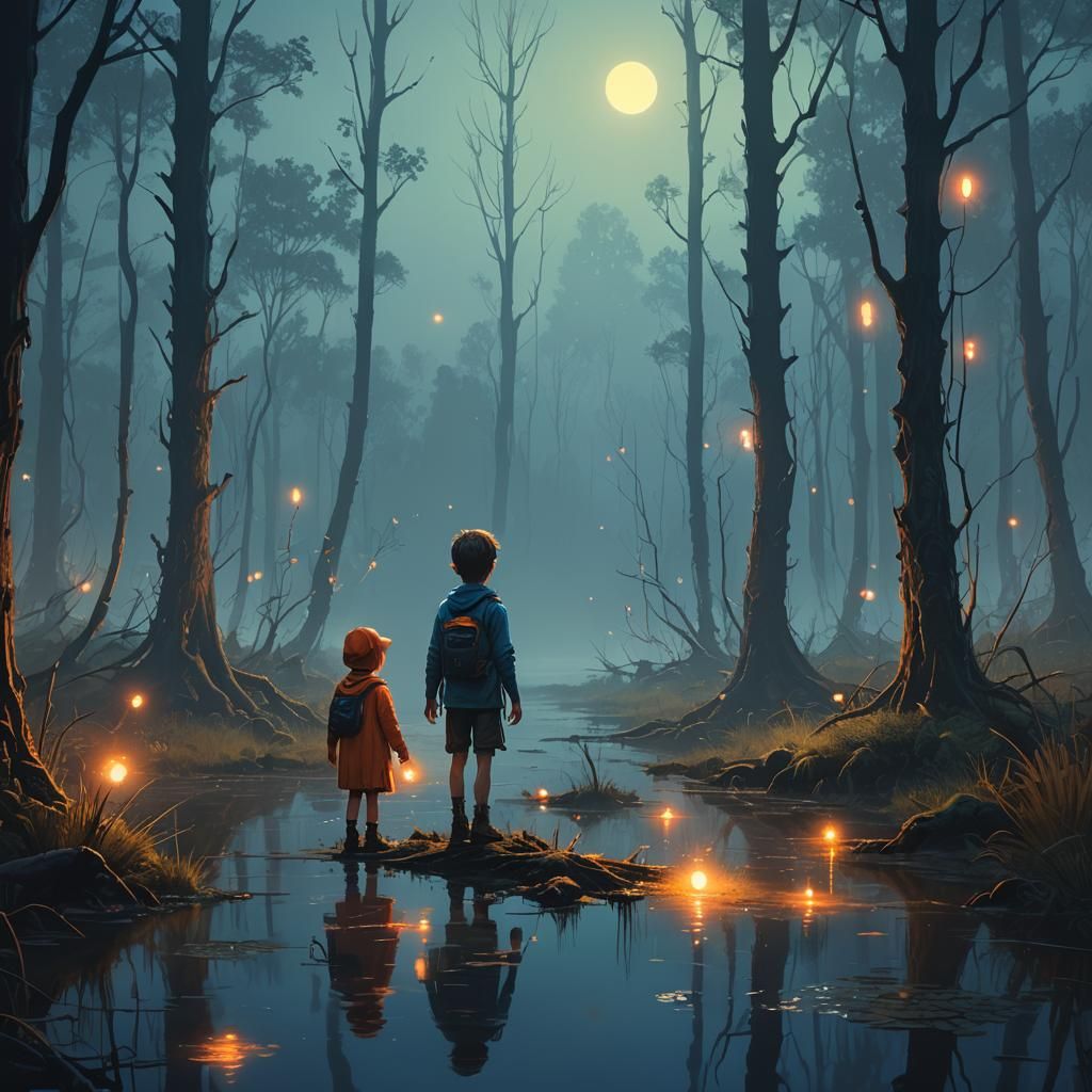 Child Follows Will-o-the-Wisp in Misty Swamp