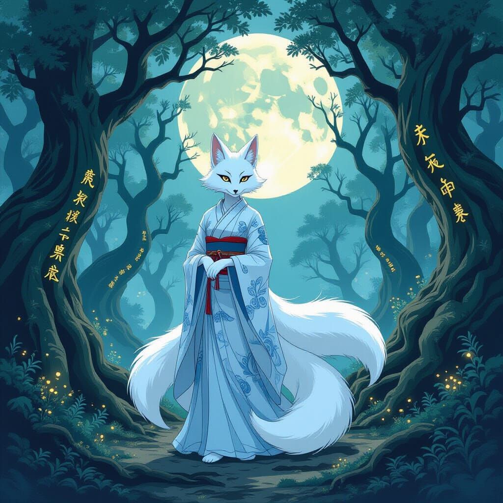 Kitsune Spirit in Mystical Forest: Sumi-e Style