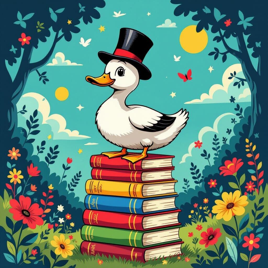 Whimsical Duck in Top Hat on Books in Surreal Landscape
