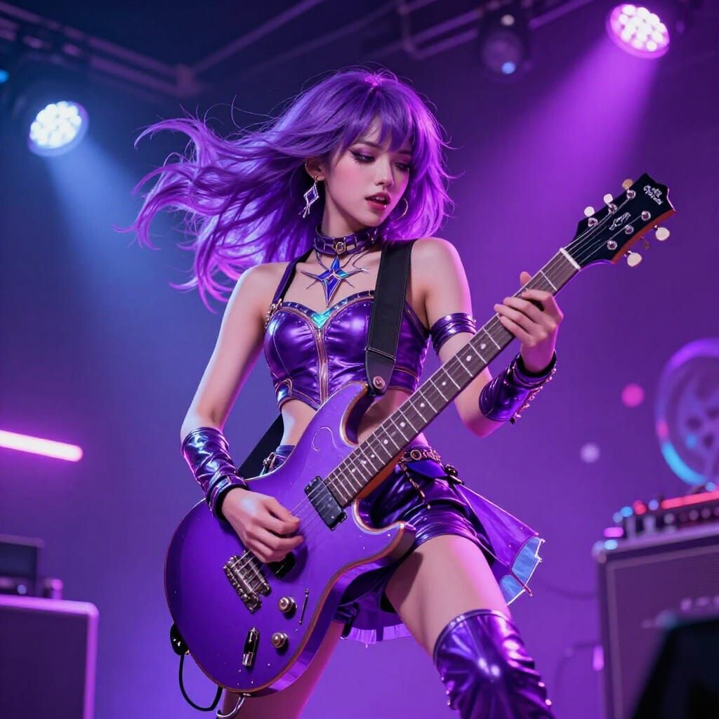 Purple-Haired Guitarist in Neon Concert