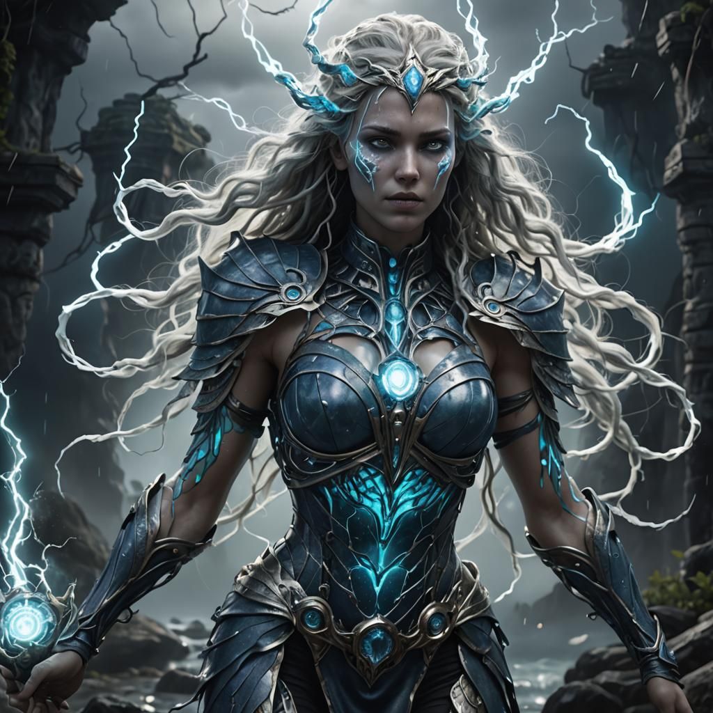 The Stormwoven Siren appears as a hauntingly beautiful humanoid figure with skin that crackles with an inner electrical ...
