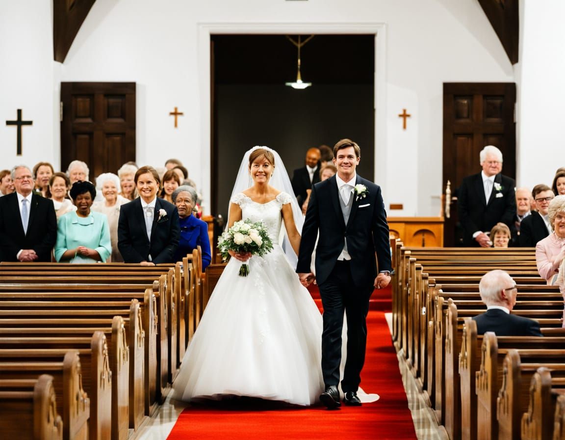 A Bride leaving the Church next to her husband, everyone loo...