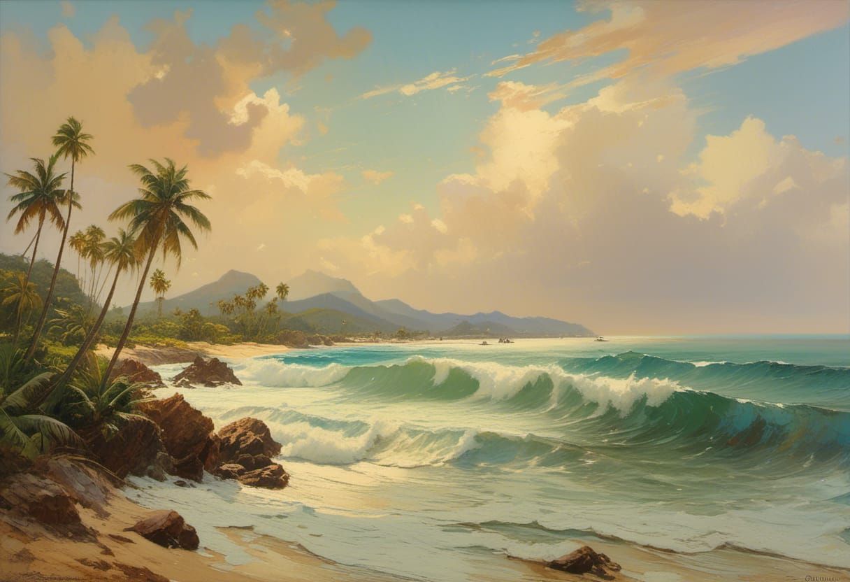 Tropical Island Beach Impasto Painting with Wildflowers