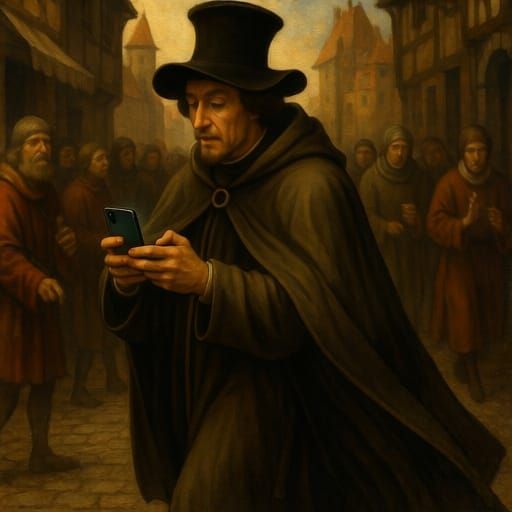 Medieval Scholar Plays AR Game on Smartphone
