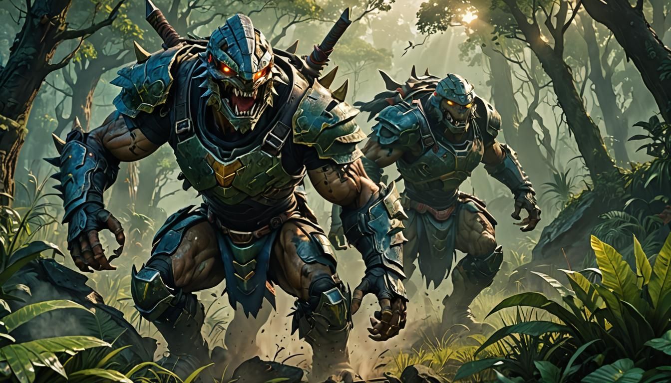 Turok and Andar Running from Honker: Anime-Inspired 3D Art