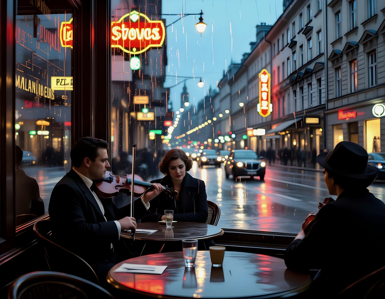 Violinist Plays Melancholy Tune in 1930s Warsaw Cafe