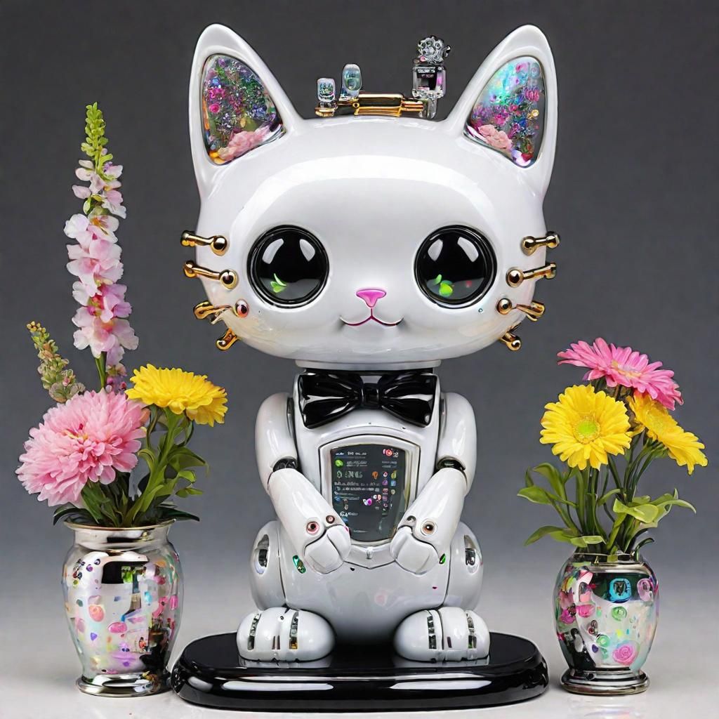 Cute Robot Butler with Cat Emoji and Flowers