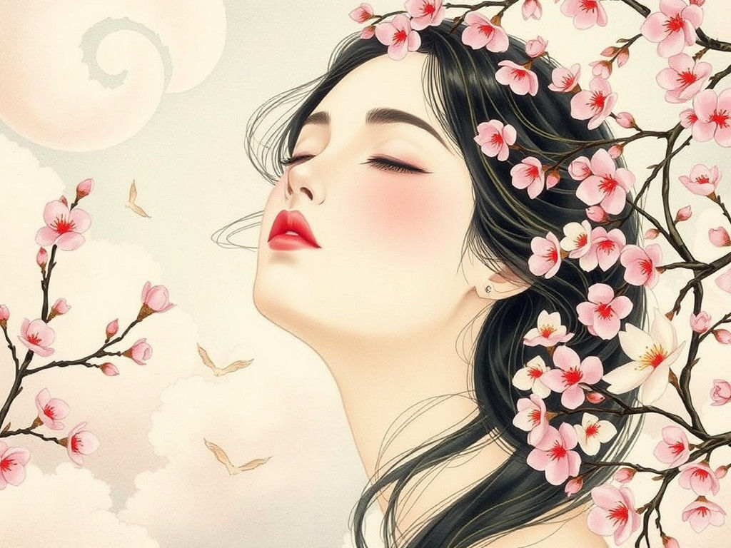 Serene Woman Surrounded by Cherry Blossoms in Watercolor Sty...