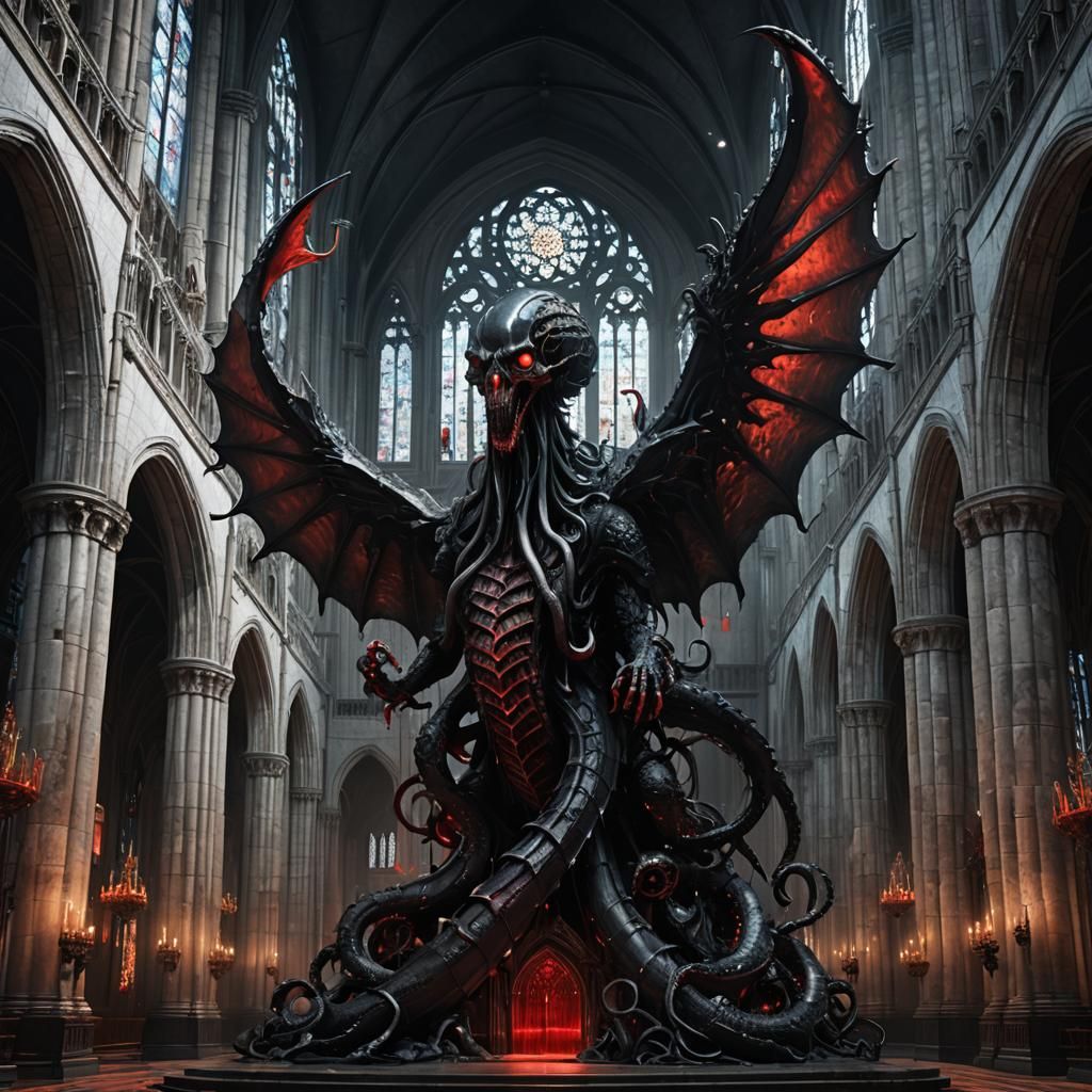 Terrifying Tentacle Horror Statue in Gothic Cathedral