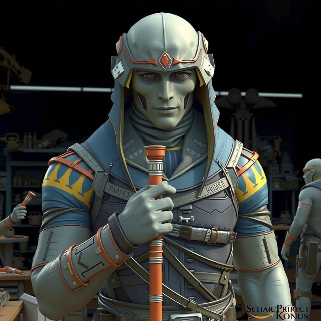 Gray-clad Ptah Surveys Futuristic Workshop, Staff in Hand