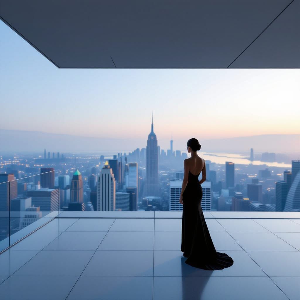 Woman Overlooks Futuristic City at Dawn
