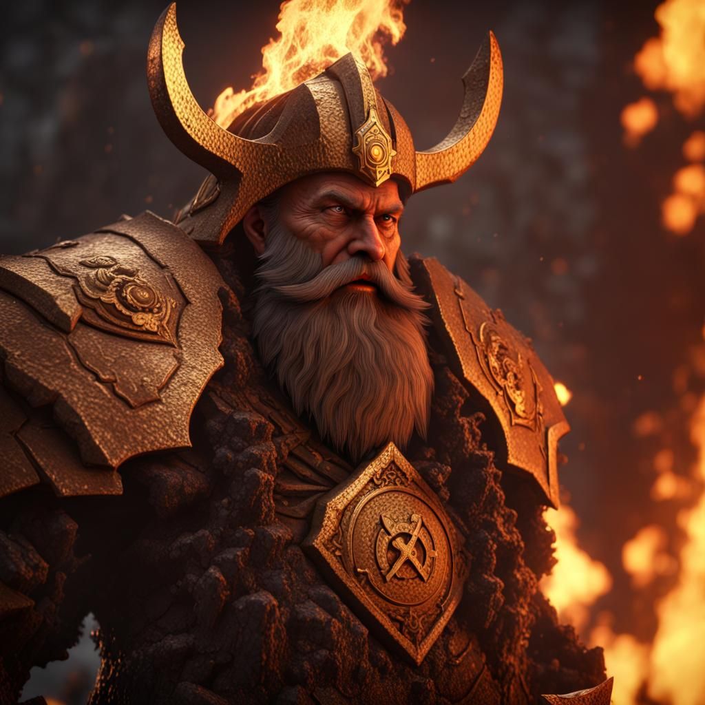 Fire Dwarf in Volcano Stronghold with Gold Runes