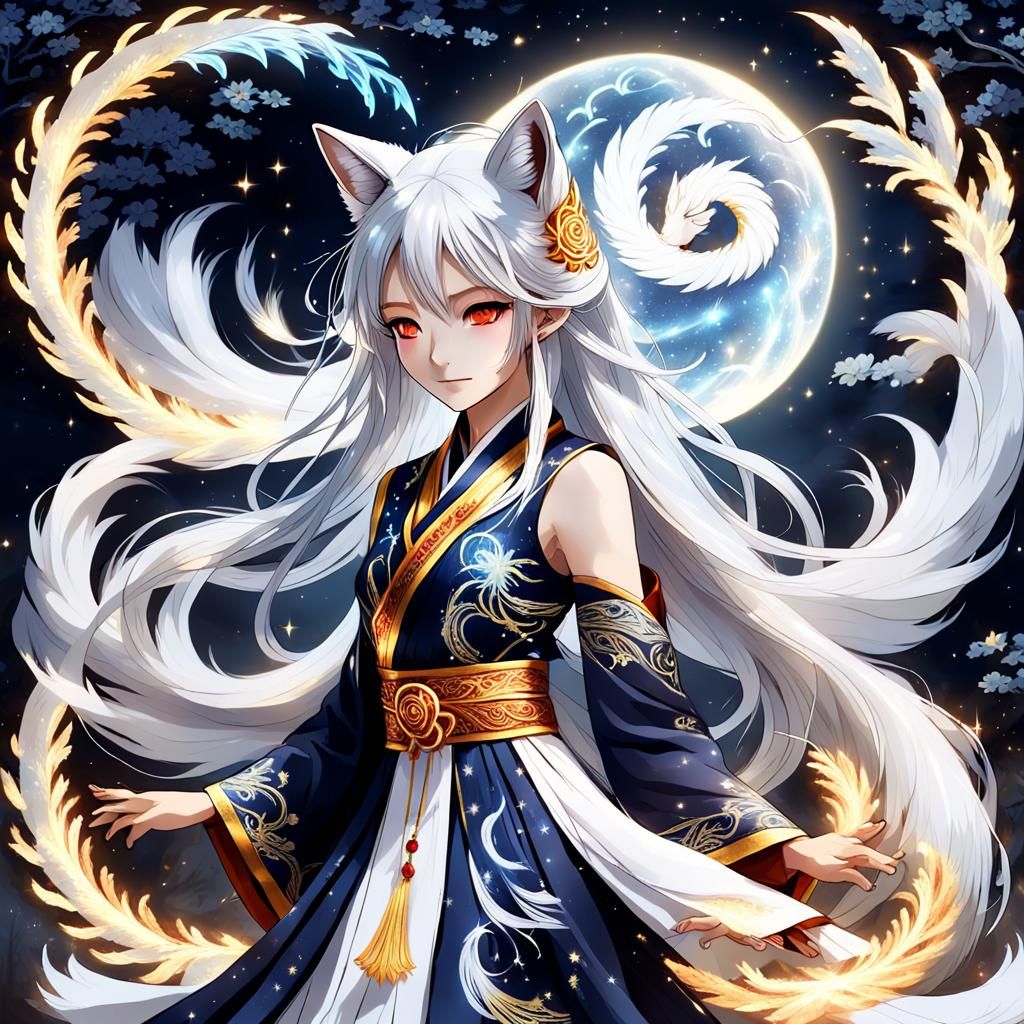 Japanese folklore female character, silver white hair with fox ears and tails, bright golden eyes, wearing a traditional...