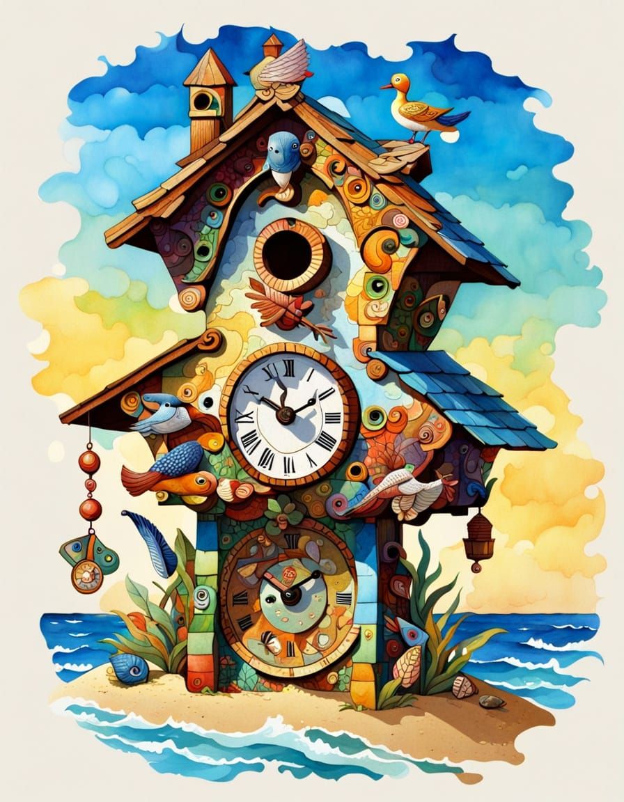 Beach Holiday Cuckoo Clock in Watercolor Style