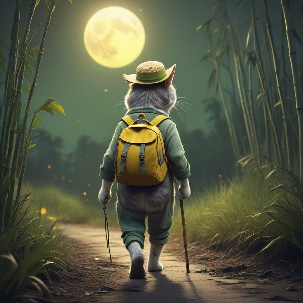 Whimsical Cat Explorer in Dramatic Lunar Light