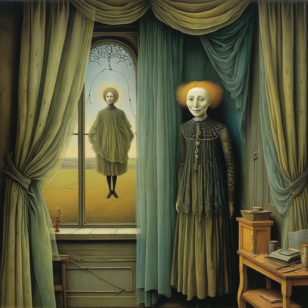 Surreal Woman Smiling by Window in Dreamlike Field