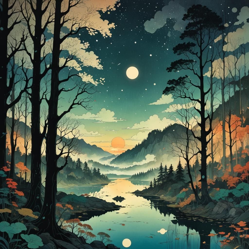 Forest Lake at Dawn: Dreamcore Comic Illustration