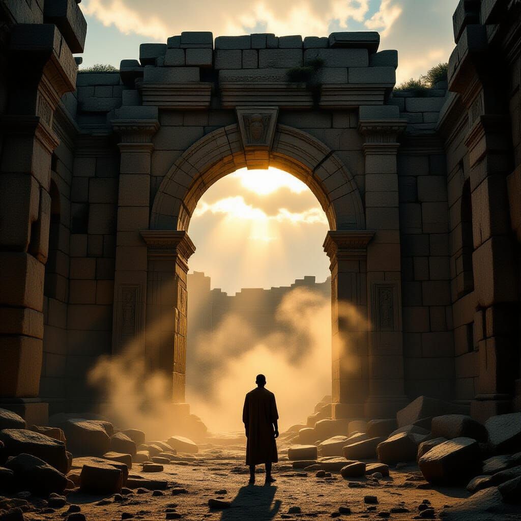 Man Before Ancient Archway in Dramatic Chiaroscuro Style
