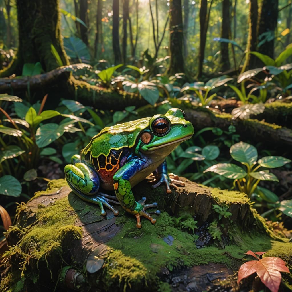 Rainbow Frog Perched in Jungle, Post-Impressionist Style