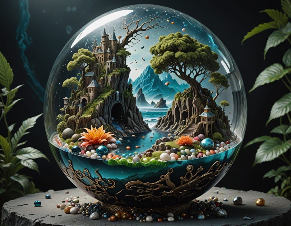 Landscape Sphere in Stone Bowl: Photorealistic Earth Art