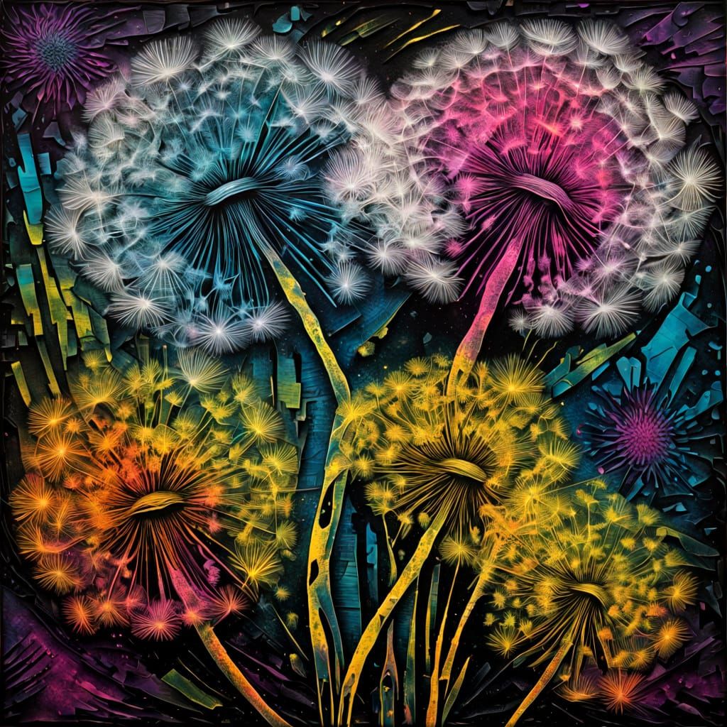Surreal Dandelion in Encaustic Wax Style