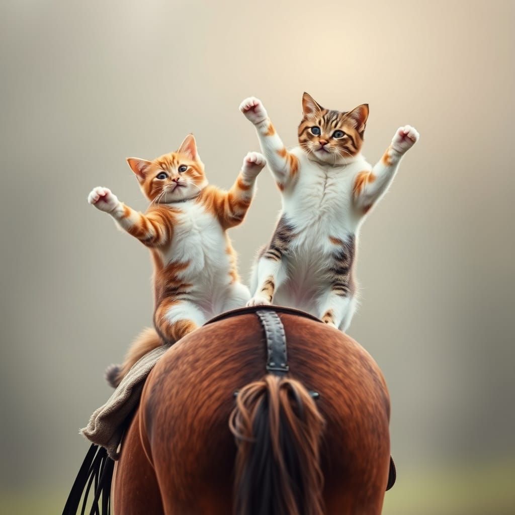 Cats Dance on Horseback in Whimsical Scene