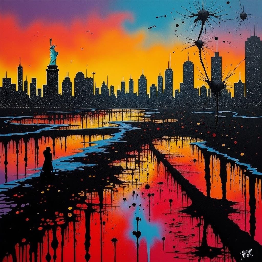 Vibrant New York City Cityscape at Sunset, Blending Realism...