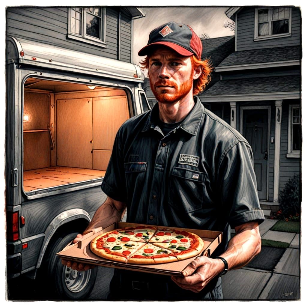 Red-Haired Pizza Boy in Hyperdetailed Charcoal Drawing