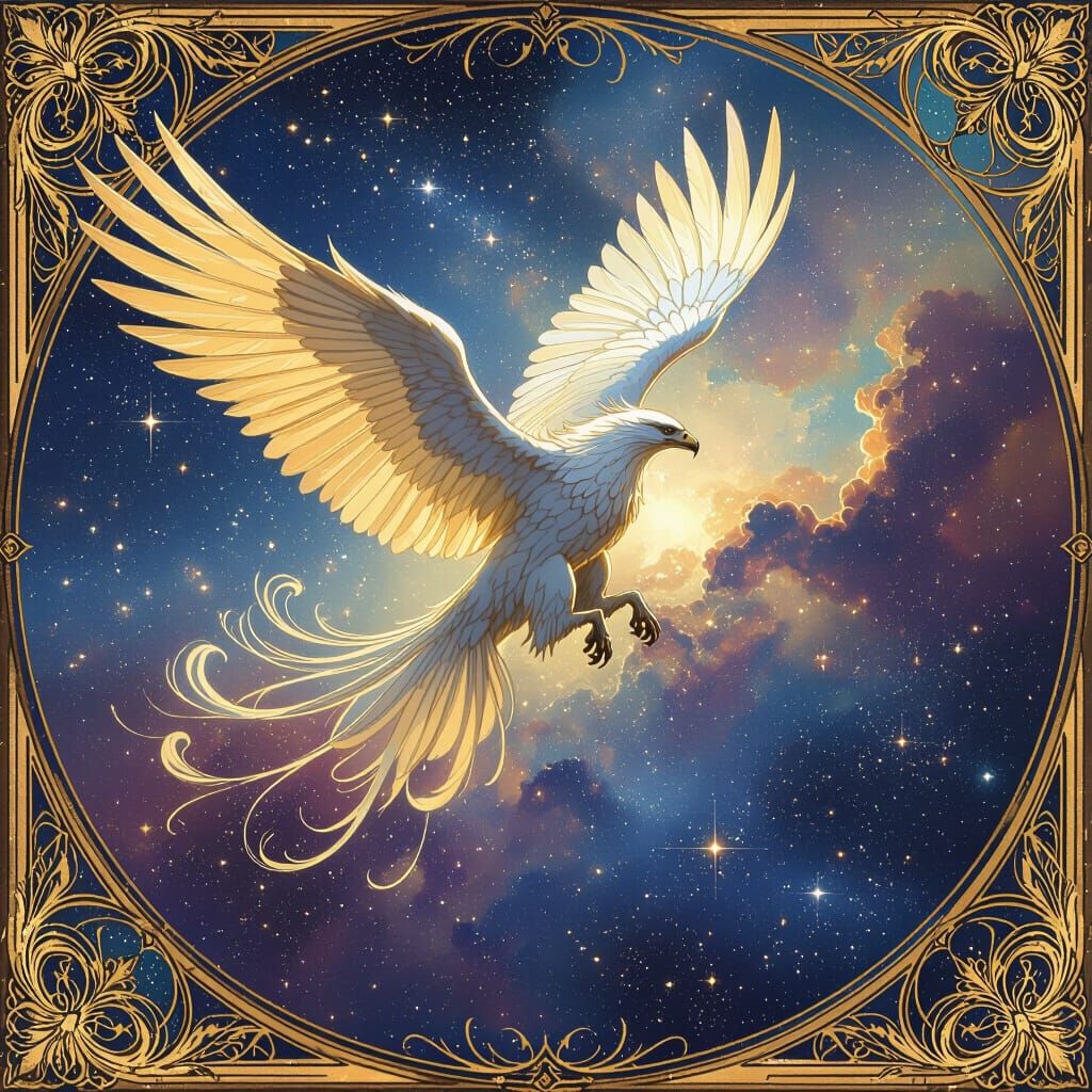Griffin Soaring Through Nebula in Art Nouveau Style