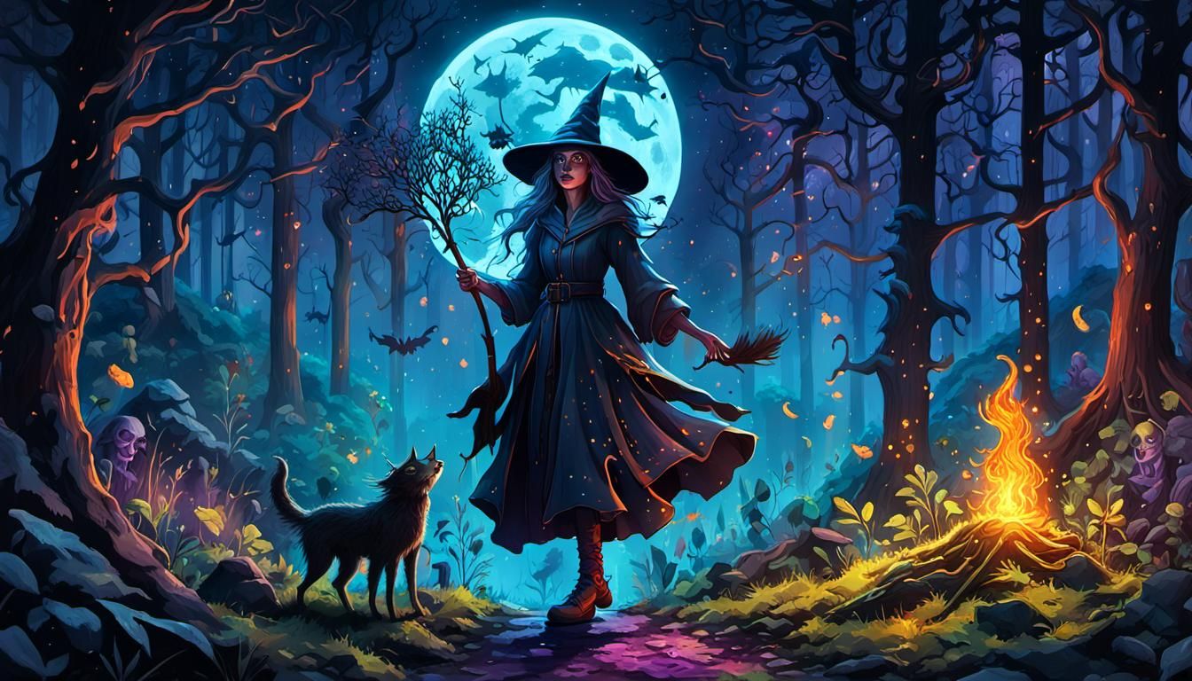 Moonlight Witch Herb Gathering in Graffiti Art Style