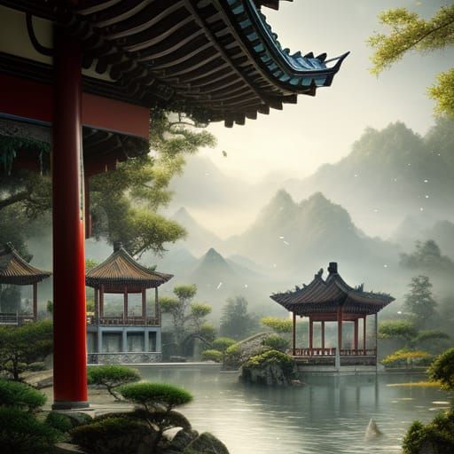 Beautiful Chinese Gardens with Volumetric Lighting