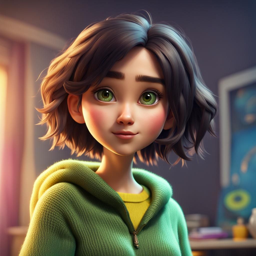 Pixar-Style Girl with Green Eyes in 3D