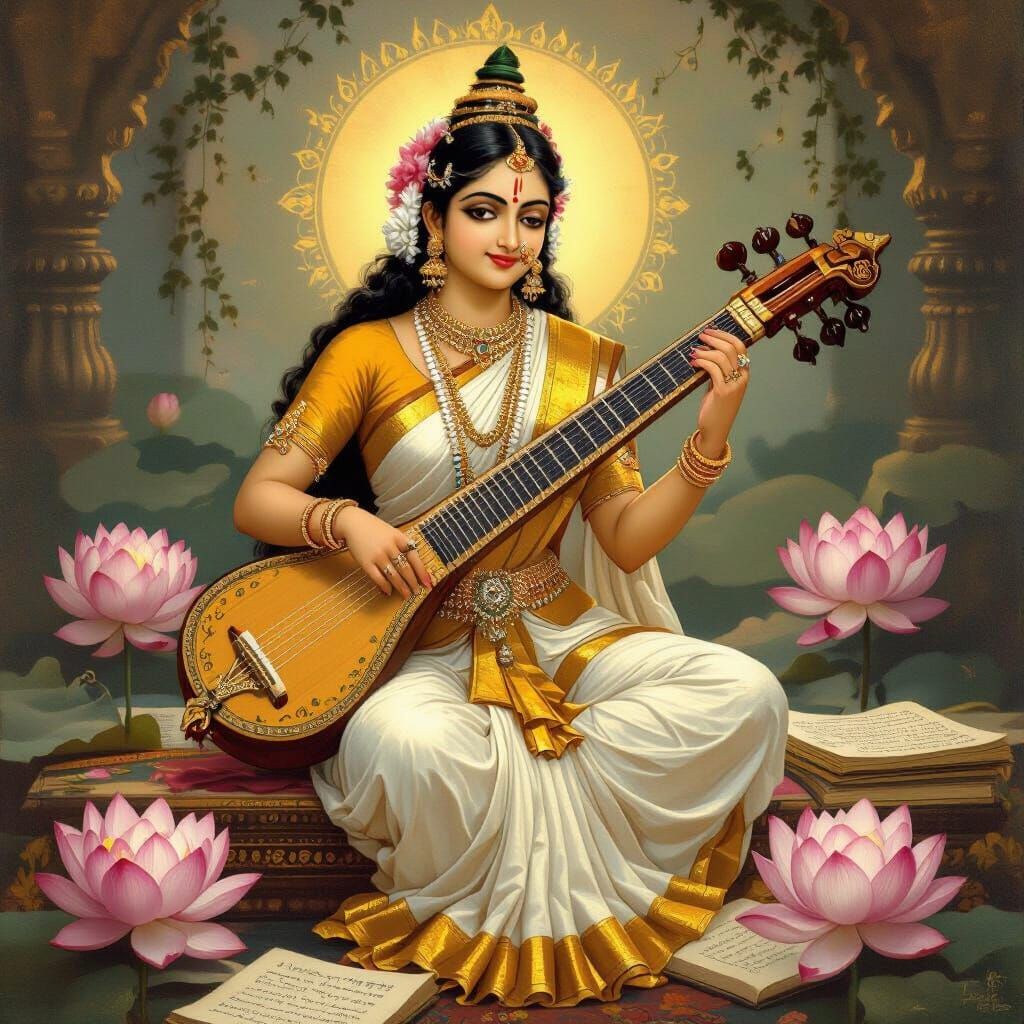 Ma Saraswati Playing Veena in Folk Art Style