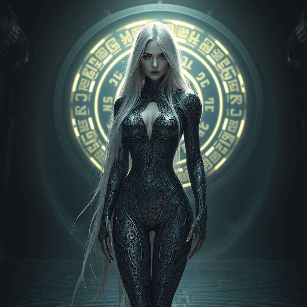 Ethereal Woman in Dark Fantasy Sci-Fi Chamber