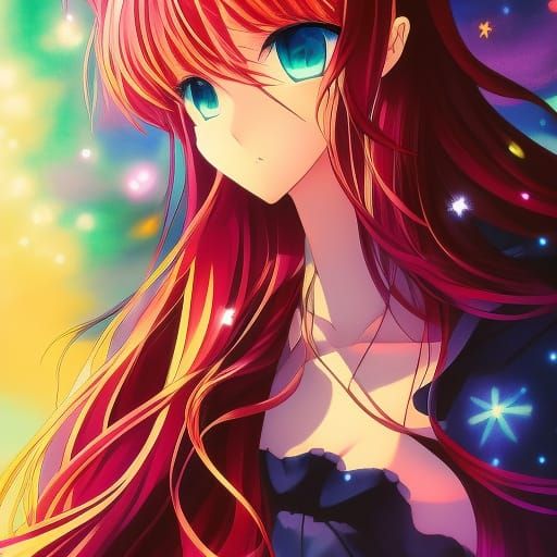 Anime Girl Watching Fireworks in Night Sky