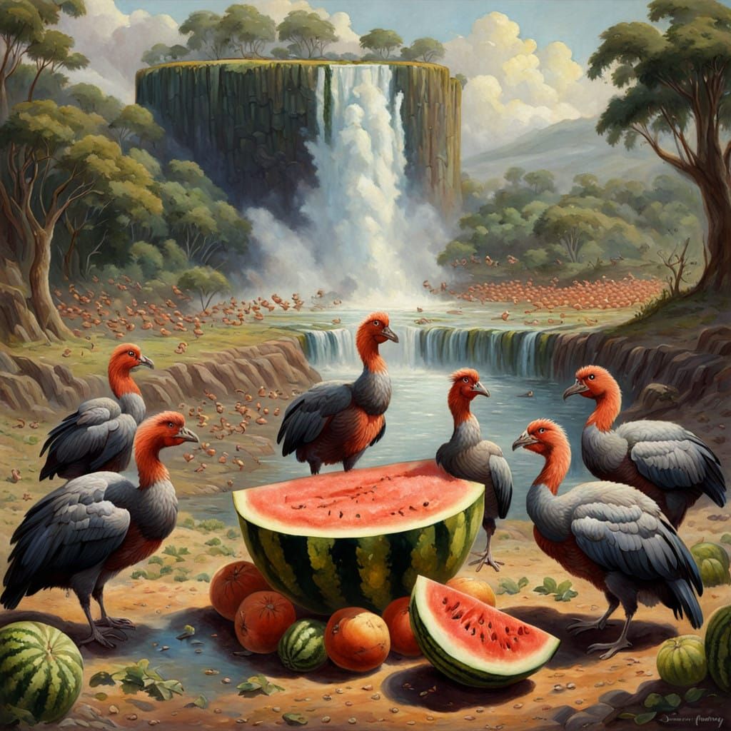 Dodo Birds Gather Around a Watermelon Beside a Geyser in an ...