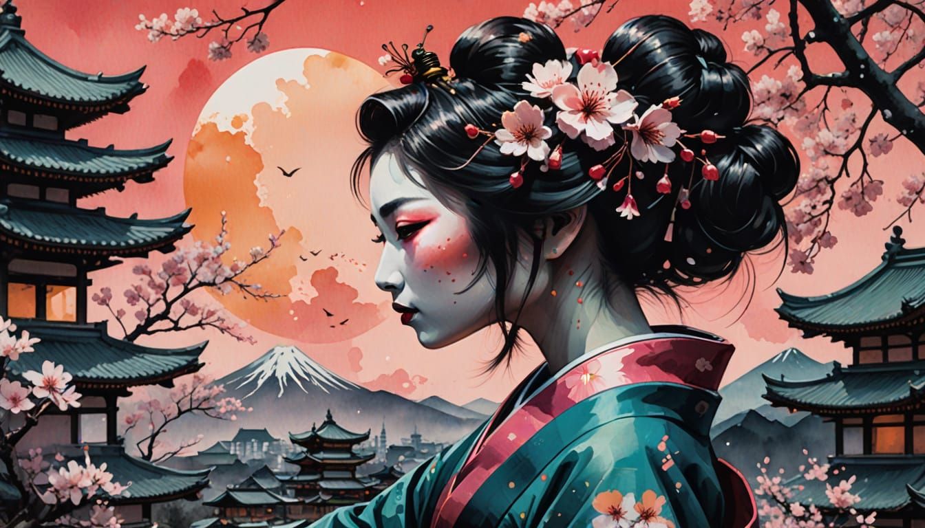 Geisha Silhouette Amidst Cherry Blossoms in Traditional Japa...