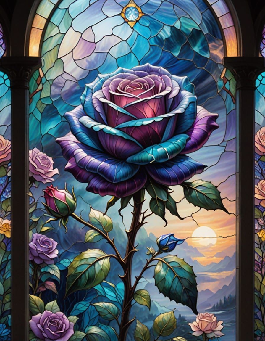 Extreme Closeup Stained Glass Rose in Aquas, Blues, and Purp...
