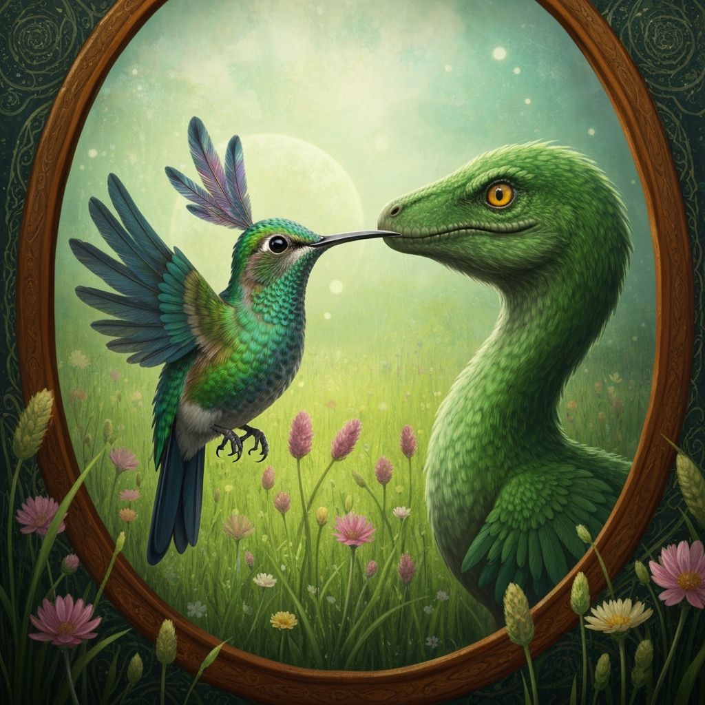 Hummingbird Meets Utahraptor in Antique Mirror