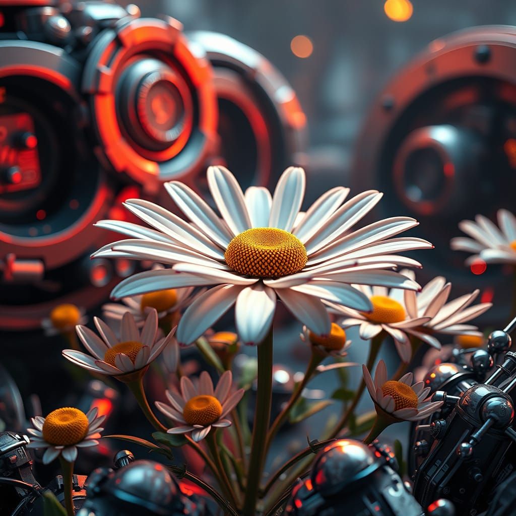 Ethereal Sci-Fi Chamomile Blooms in a Dreamlike Mechanical L...
