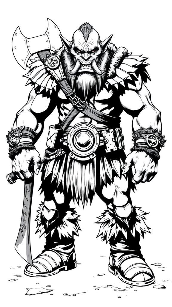Orc Warrior in Sturdy Boots Stands Threatening with Axe