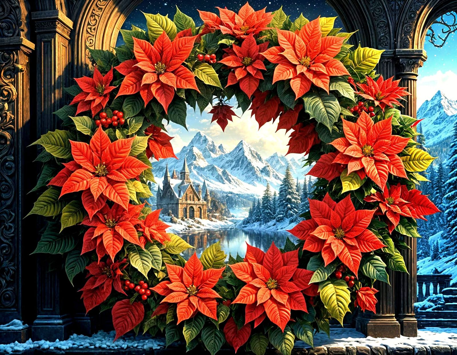 Hyperrealistic Poinsettia Wreath in Vibrant Color and Intric...