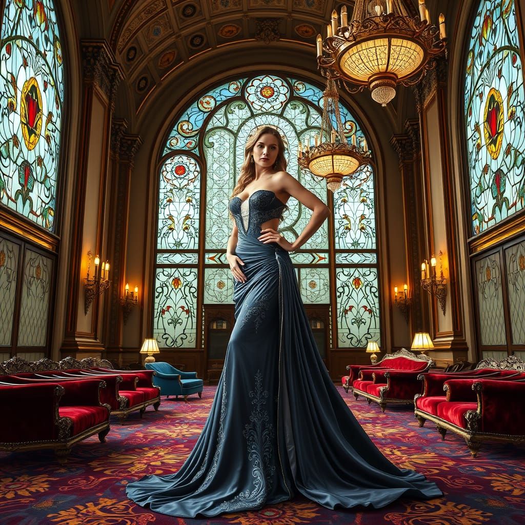 Regal Woman in Art Nouveau Exhibition Hall