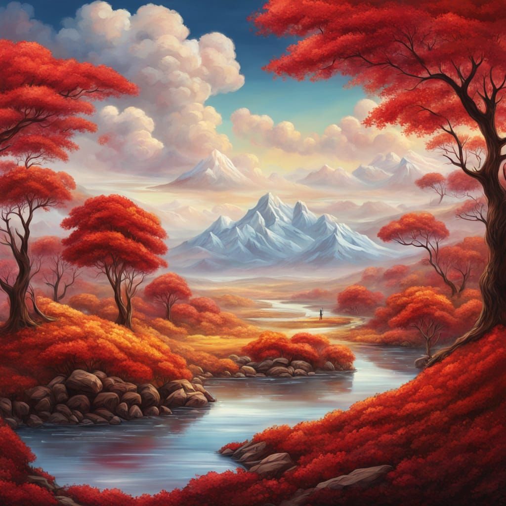 Vibrant Oil Painting of Red and White Gingham Hills