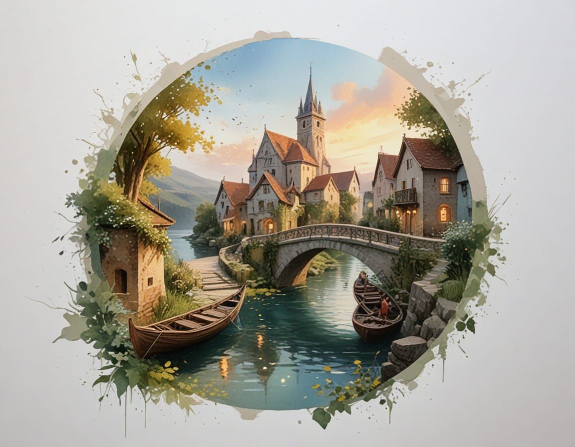 Fantasy Village Twilight Scene with River and Bridge