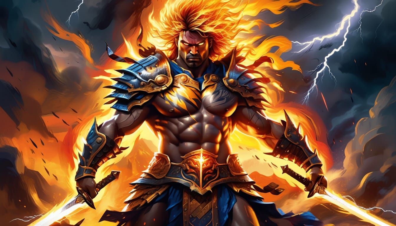 Cyberpunk Warrior in Fiery Apocalyptic Landscape