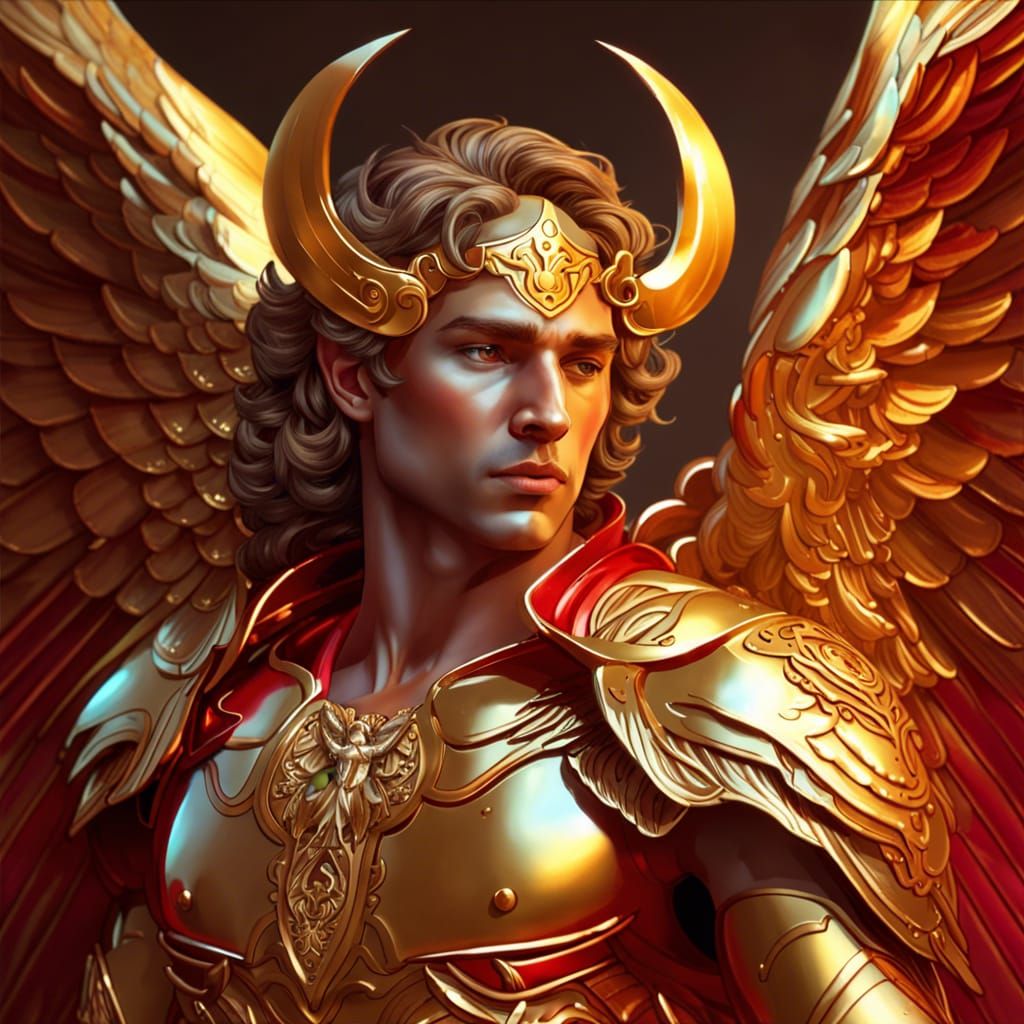 Aries Angel in Golden Armor, Hyperrealistic Illustration