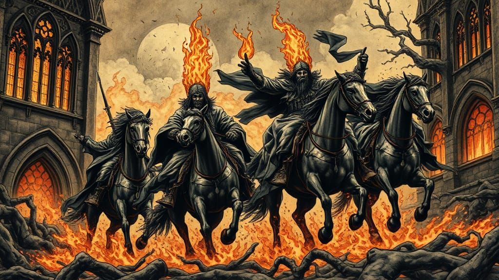 Apocalyptic Horsemen Ride Through Burning City in Dürer Styl...