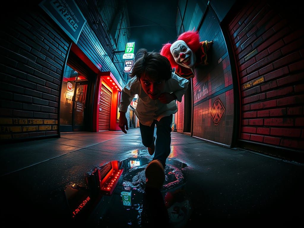 Sinister Clown Pursues Terrified Man in Distorted Alleyway